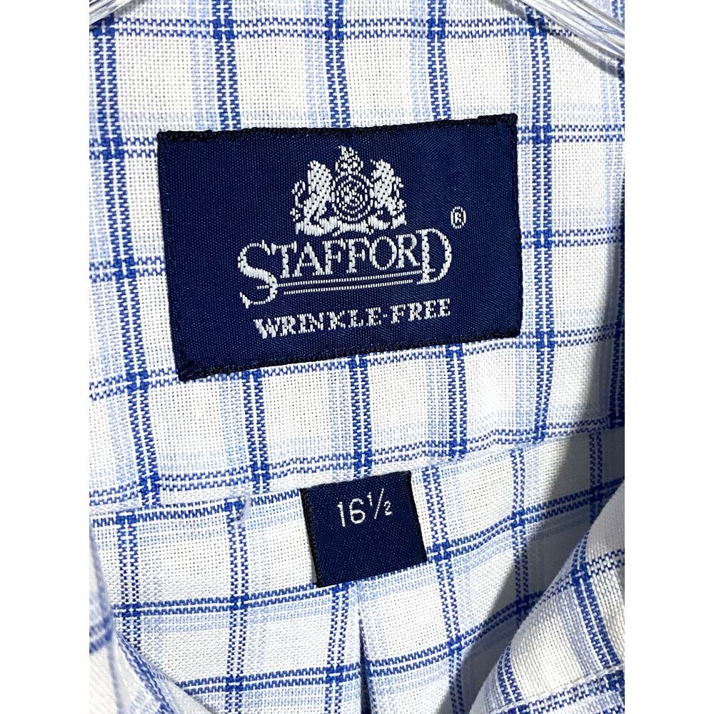 Stafford Wrinkle Free Blue Plaid Oxford Button Shirt Mens 16.5 Preppy Classic - Picture 6 of 7